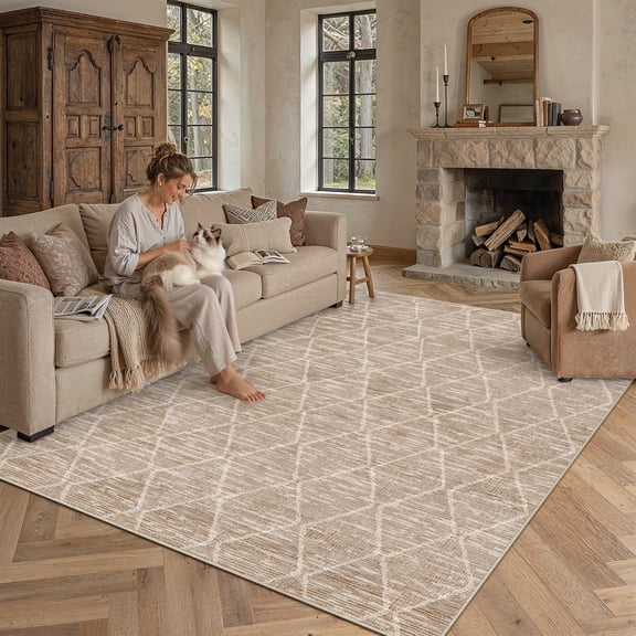 BERTHMEER 8'x10' Area Rugs for Living Room Large Brown Modern Geometric Rugs for Bedroom Office Machine Washable Checkered Rhombus Pattern Farmhouse Dining Room Rugs Non Slip Contemporary Carpets