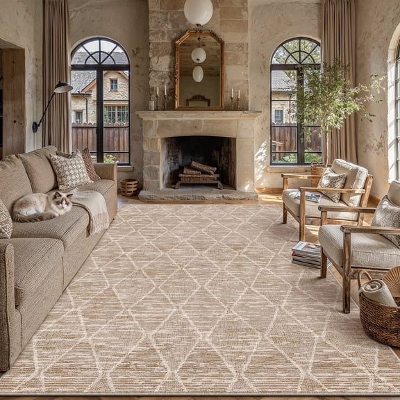 BERTHMEER 8'x10' Area Rugs for Living Room Large Brown Modern Geometric Rugs for Bedroom Office Machine Washable Checkered Rhombus Pattern Farmhouse Dining Room Rugs Non Slip Contemporary Carpets