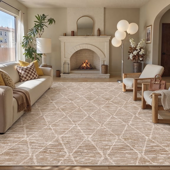 BERTHMEER 8'x10' Area Rugs for Living Room Large Brown Modern Geometric Rugs for Bedroom Office Machine Washable Checkered Rhombus Pattern Farmhouse Dining Room Rugs Non Slip Contemporary Carpets