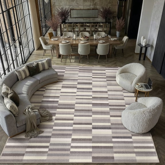 BERTHMEER 8'x10' Area Rugs for Living Room Large Gray Striped Pattern Rugs for Bedroom Office Machine Washable Farmhouse Dining Room Rugs Non Slip Modern Contemporary Geometric Carpets