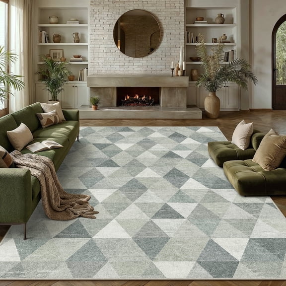 BERTHMEER 8'x10' Area Rugs for Living Room Large Gray and Green Polygon Modern Geometric Rugs for Bedroom Office Machine Washable Farmhouse Dining Room Rugs Non Slip Contemporary Carpets