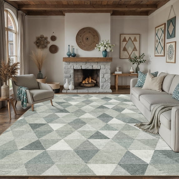 BERTHMEER 8'x10' Area Rugs for Living Room Large Gray and Green Polygon Modern Geometric Rugs for Bedroom Office Machine Washable Farmhouse Dining Room Rugs Non Slip Contemporary Carpets