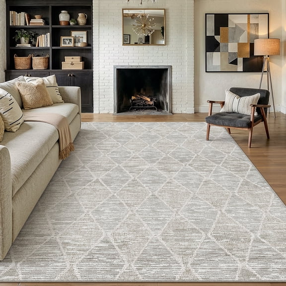 BERTHMEER 8'x10' Area Rugs for Living Room Large Gray Modern Geometric Rugs for Bedroom Office Machine Washable Checkered Rhombus Pattern Farmhouse Dining Room Rugs Non Slip Contemporary Carpets