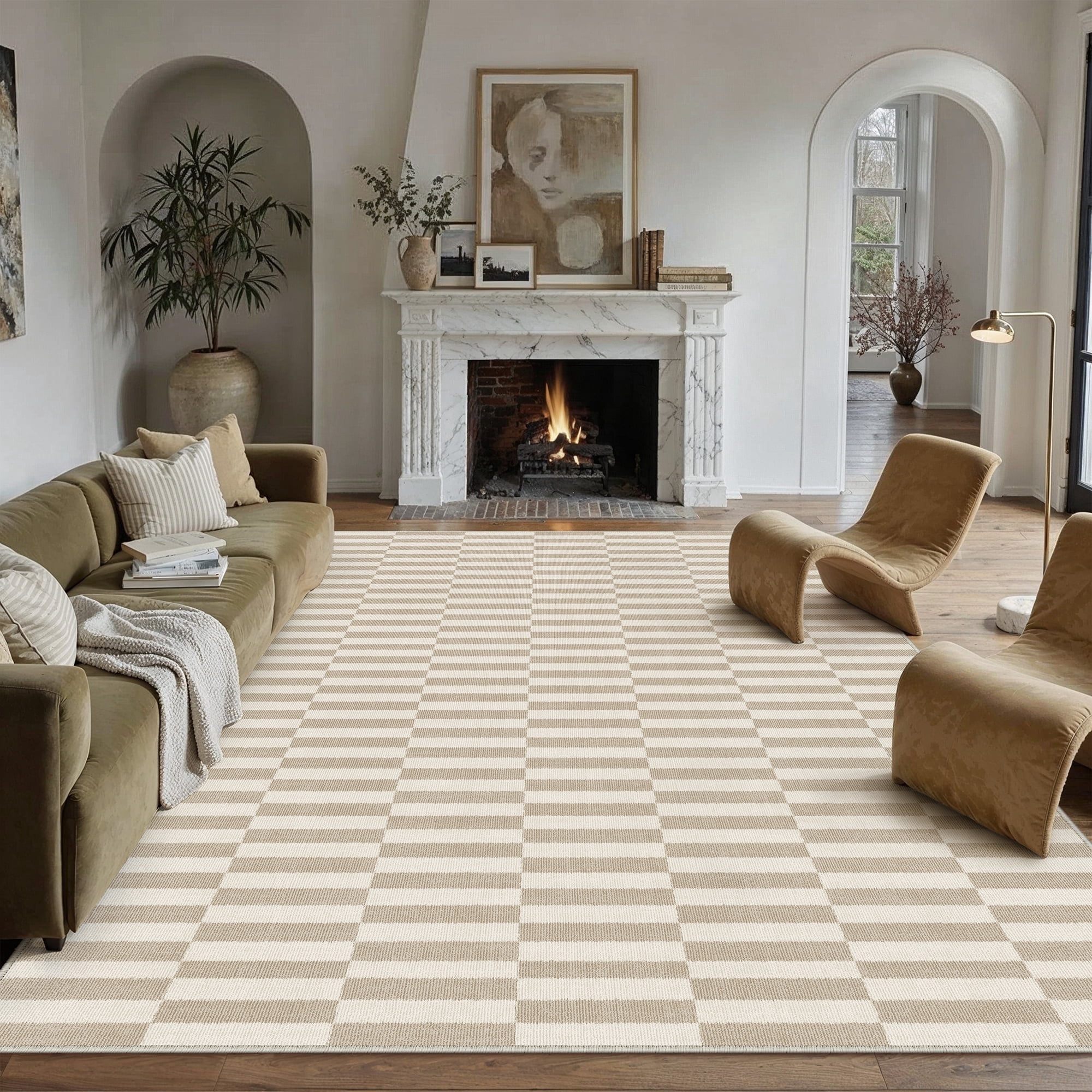 berthmeer 8'x10' area rugs for living room large light brown beige checkered pattern rugs for bedroom office machine washable farmhouse dining room rugs non slip modern contemporary geometric carpets
