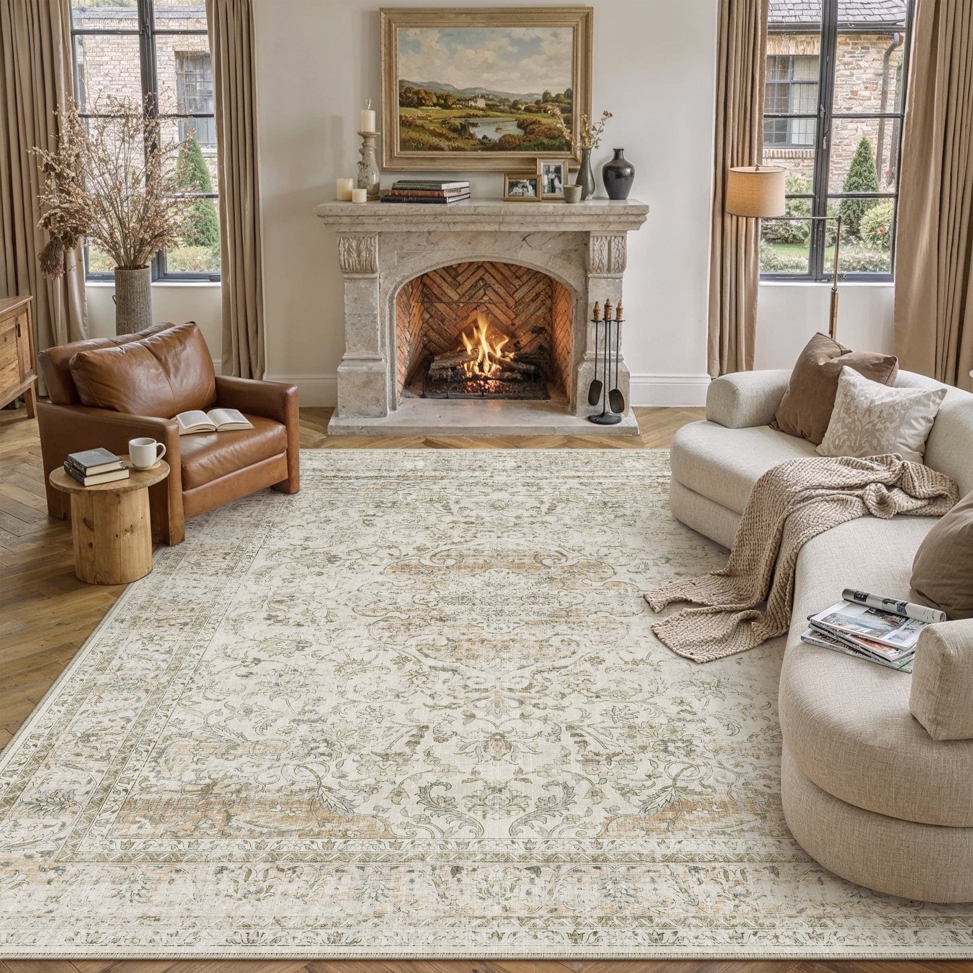 berthmeer 8'x10' area rugs for living room large vintage beige carpets for bedroom office machine washable farmhouse dining room oriental rugs non slip traditional distressed rugs
