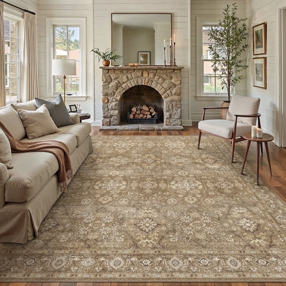 BERTHMEER 8'x10' Area Rugs for Living Room Large Vintage Beige Carpets for Bedroom Office Machine Washable Farmhouse Dining Room Oriental Rugs Non Slip Traditional Distressed Rugs