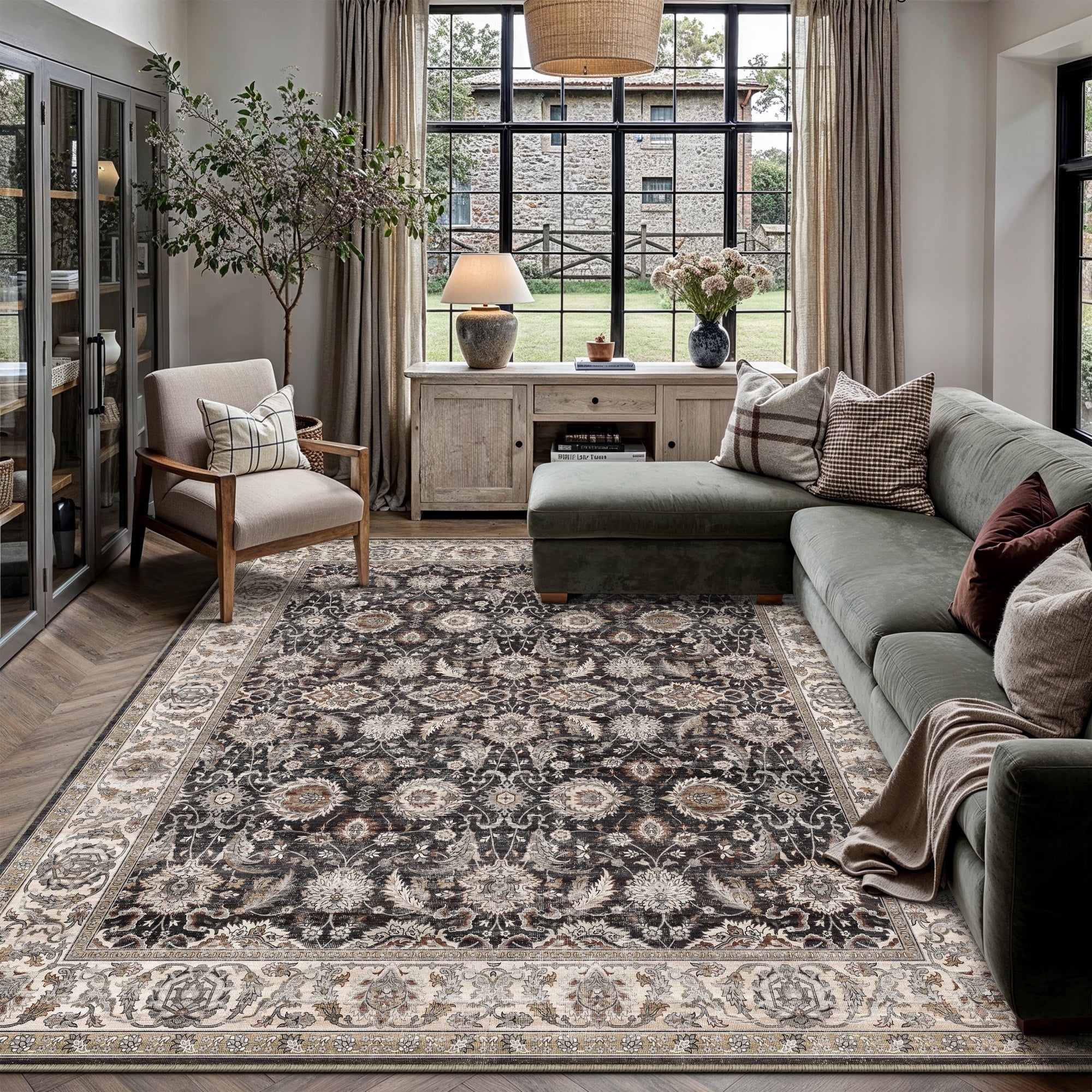 BERTHMEER 8'x10' Area Rugs for Living Room Large Vintage Black and beige Carpets for Bedroom Office Machine Washable Farmhouse Dining Room Oriental Rugs Non Slip Traditional Distressed Rugs