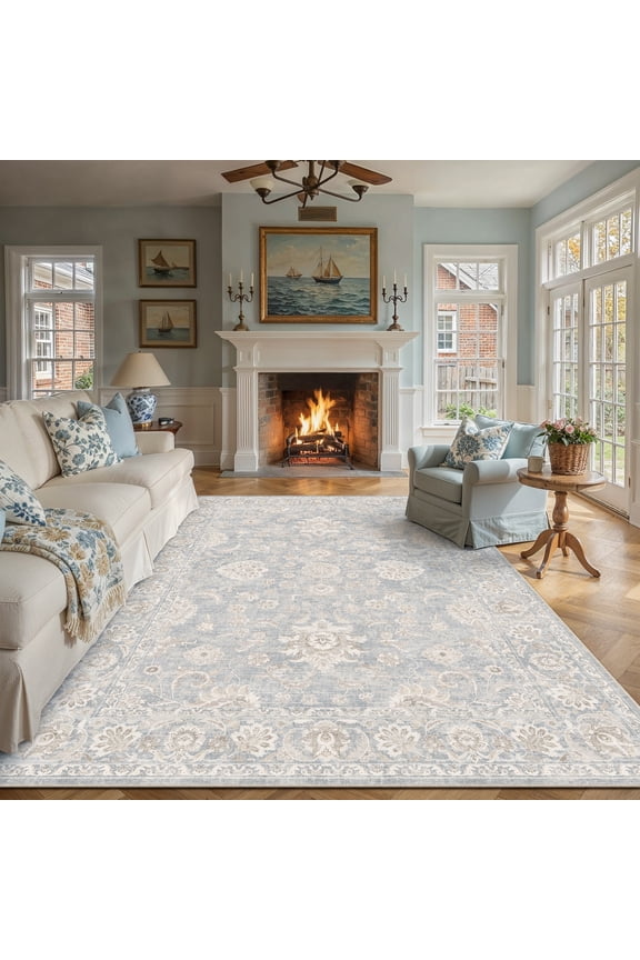 8'x10' Area Rugs for Living Room Large Vintage Blue Carpets for Bedroom Office Machine Washable Farmhouse Dining Room Oriental Rugs Non Slip Traditional Distressed Rugs
