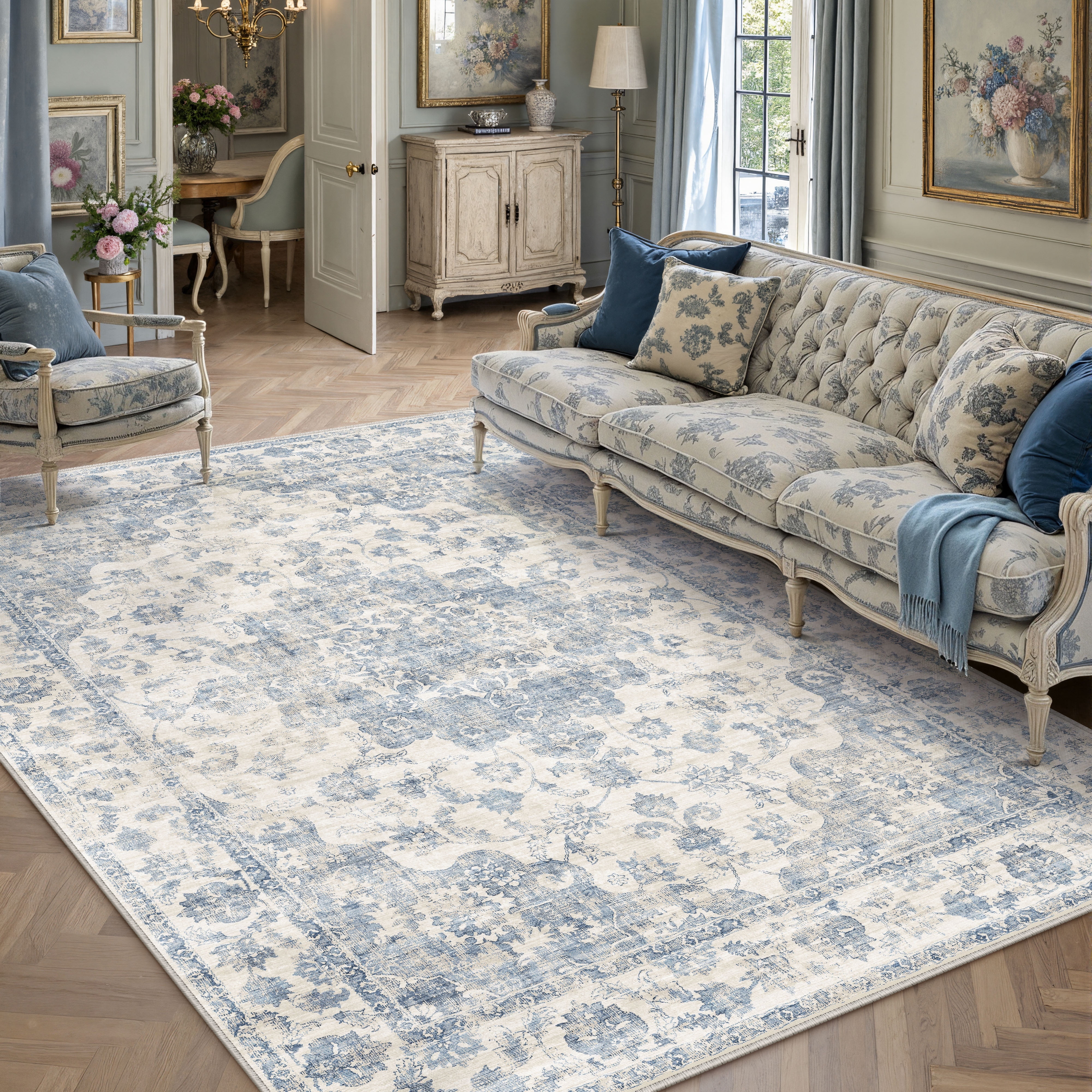 berthmeer 8'x10' area rugs for living room large vintage blue carpets for bedroom office machine washable farmhouse dining room oriental rugs non slip traditional distressed rugs