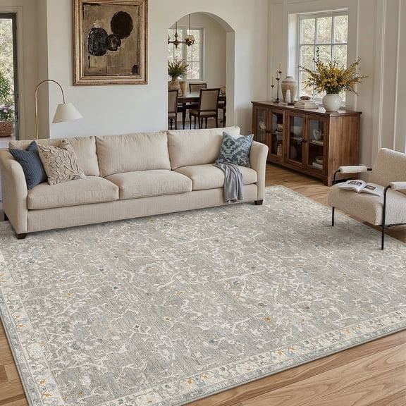 BERTHMEER 8'x10' Area Rugs for Living Room Large Vintage Blue and Gray Carpets for Bedroom Office Machine Washable Farmhouse Dining Room Oriental Rugs Non Slip Traditional Distressed Rugs