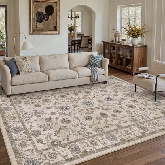 BERTHMEER 8'x10' Area Rugs for Living Room Large Vintage Brown Carpets for Bedroom Office Machine Washable Farmhouse Dining Room Cirrus Floral Oriental Rugs Non Slip Traditional Distressed Rugs