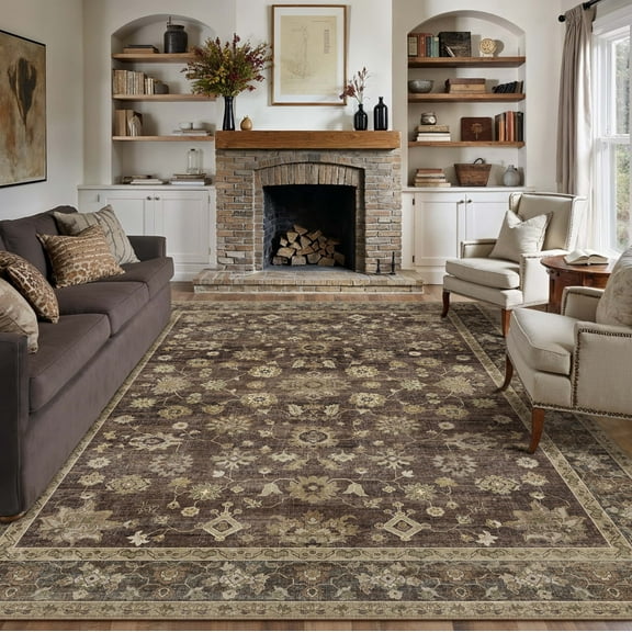 BERTHMEER 8'x10' Area Rugs for Living Room Large Vintage Brown Carpets for Bedroom Office Machine Washable Farmhouse Dining Room Oriental Rugs Non Slip Traditional Distressed Rugs