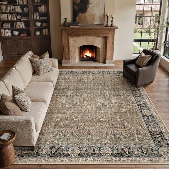 BERTHMEER 8'x10' Area Rugs for Living Room Large Vintage Brown and Green Carpets for Bedroom Office Machine Washable Farmhouse Dining Room Oriental Rugs Non Slip Traditional Distressed Rugs