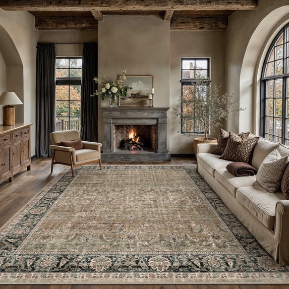 BERTHMEER 8'x10' Area Rugs for Living Room Large Vintage Brown and Green Carpets for Bedroom Office Machine Washable Farmhouse Dining Room Oriental Rugs Non Slip Traditional Distressed Rugs