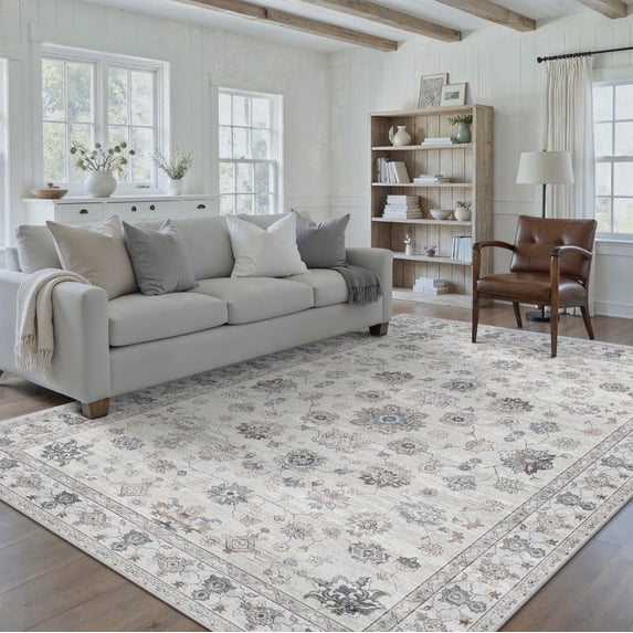 BERTHMEER 8'x10' Area Rugs for Living Room Large Vintage Gray Carpets for Bedroom Office Machine Washable Farmhouse Dining Room Oriental Rugs Non Slip Traditional Distressed Rugs