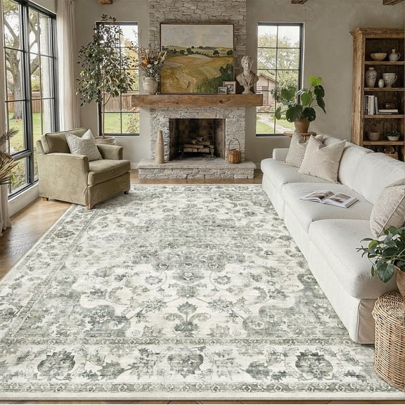 BERTHMEER 8'x10' Area Rugs for Living Room Large Vintage Green Carpets for Bedroom Office Machine Washable Farmhouse Dining Room Oriental Rugs Non Slip Traditional Distressed Rugs