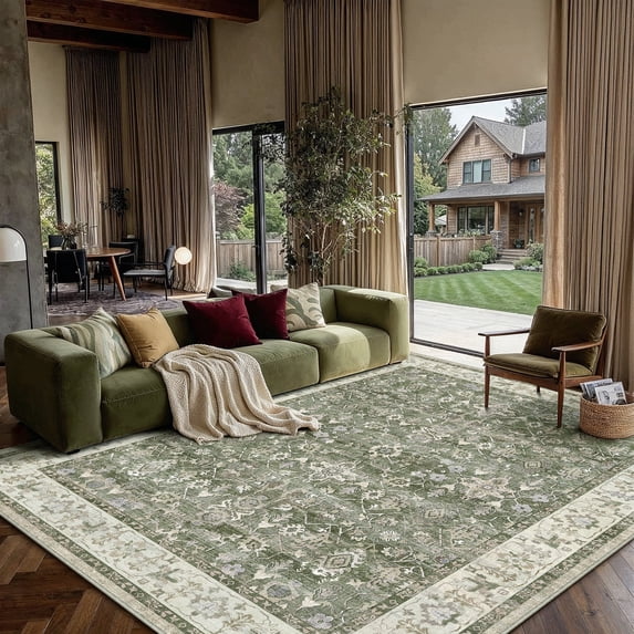 BERTHMEER 8'x10' Area Rugs for Living Room Large Vintage Light Green Carpets for Bedroom Office Machine Washable Farmhouse Dining Room Oriental Rugs Non Slip Traditional Distressed Rugs