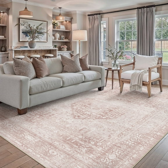 BERTHMEER 8'x10' Area Rugs for Living Room Large Vintage Pink Carpets for Bedroom Office Machine Washable Farmhouse Dining Room Oriental Rugs Non Slip Traditional Distressed Rugs