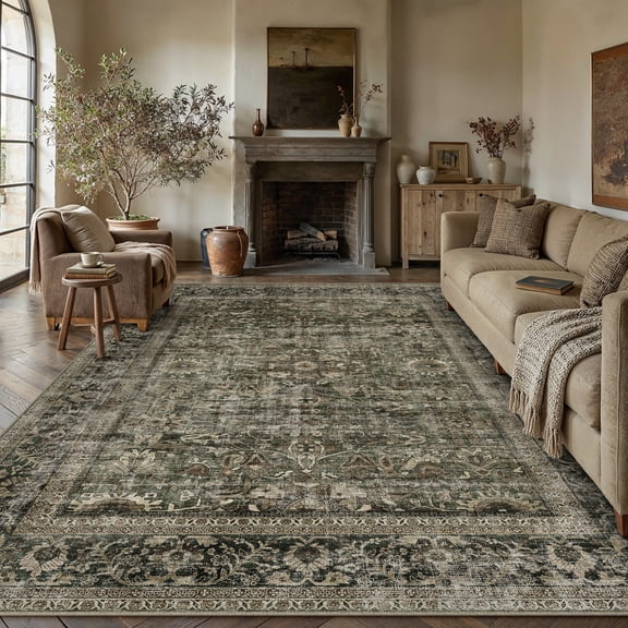 BERTHMEER 8'x10' Area Rugs for Living Room Large Vintage Taupe Carpets for Bedroom Office Machine Washable Farmhouse Dining Room Oriental Rugs Non Slip Traditional Distressed Rugs