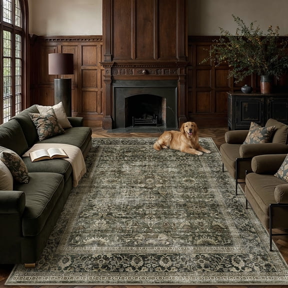 BERTHMEER 8'x10' Area Rugs for Living Room Large Vintage Taupe Carpets for Bedroom Office Machine Washable Farmhouse Dining Room Oriental Rugs Non Slip Traditional Distressed Rugs