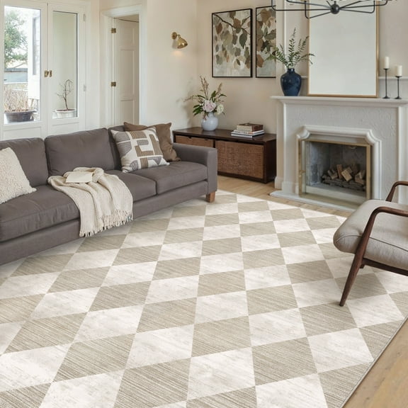 BERTHMEER 8'x10' Area Rugs for Living Room Modern Rhombus Checkered Rug Dining Room Bedroom Kitchen Non Slip Washable Farmhouse Office Geometric Contemporary Rugs Carpets,Beige