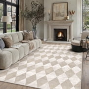 BERTHMEER 8x10 Area Rugs for Living Room Modern Rhombus Checkered Rug Dining Room Bedroom Kitchen Non Slip Washable Farmhouse Office Geometric Contemporary Rugs Carpets,Beige