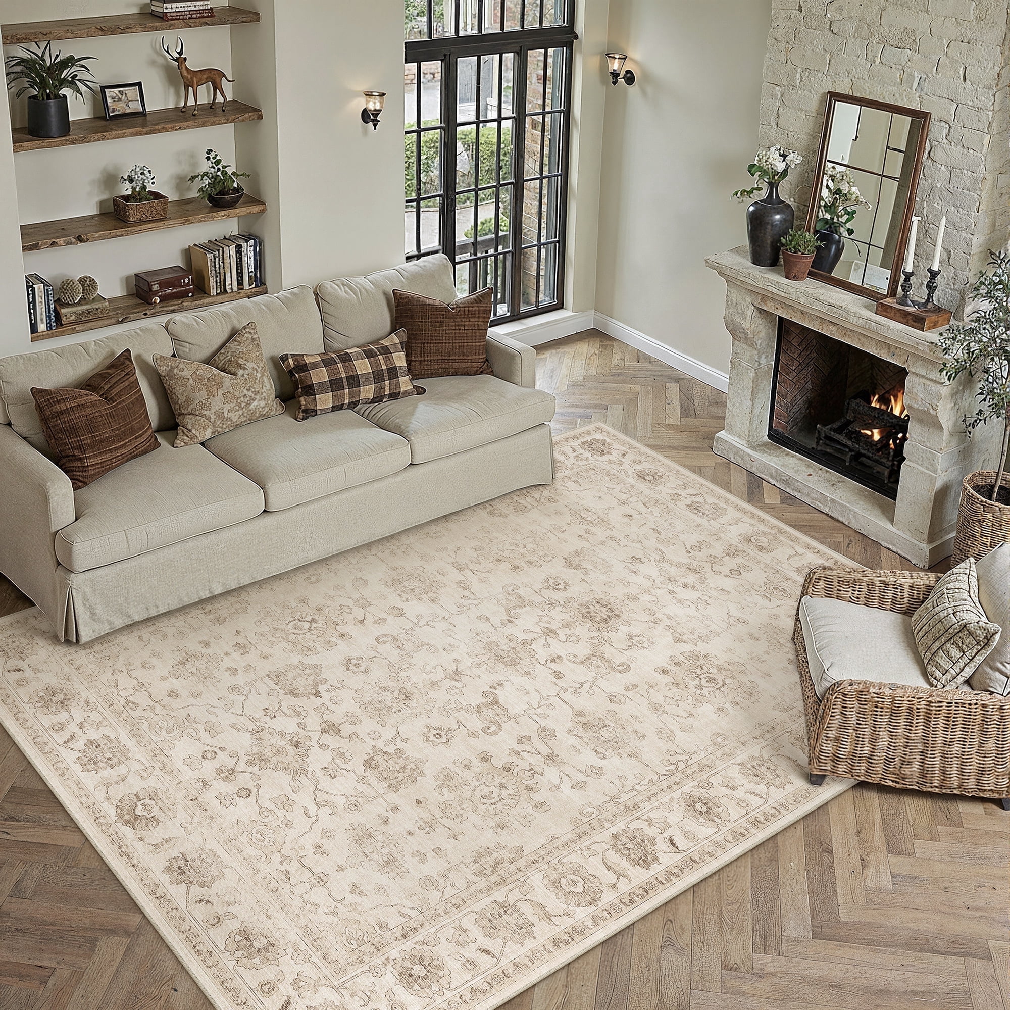 BERTHMEER 8'x10' Area Rugs for Living Room Vintage Beige Carpets for Bedroom Office Machine Washable Large Farmhouse Dining Room Oriental Rugs Non Slip Traditional Distressed Rugs