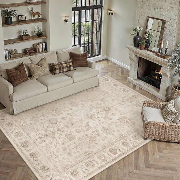 BERTHMEER 8'x10' Area Rugs for Living Room Vintage Beige Carpets for Bedroom Office Machine Washable Large Farmhouse Dining Room Oriental Rugs Non Slip Traditional Distressed Rugs