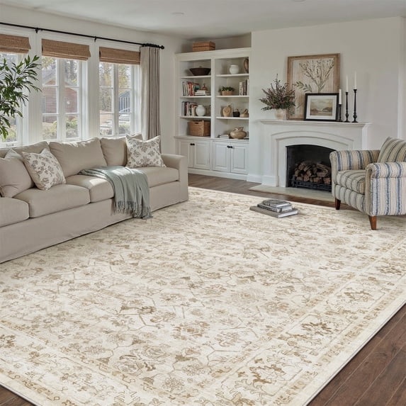 BERTHMEER 8'x10' Area Rugs for Living Room Vintage Beige Rugs for Bedroom Office Machine Washable Large Farmhouse Dining Room Oriental Carpets Non Slip Traditional Distressed Rugs