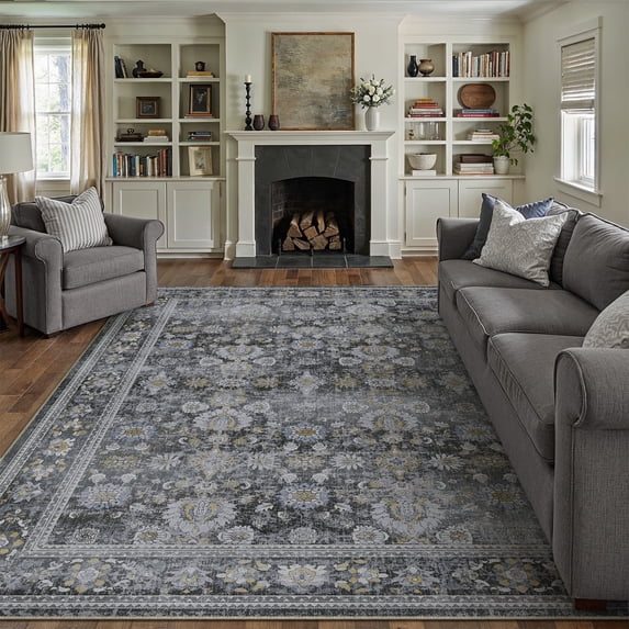 BERTHMEER 8'x10' Area Rugs for Living Room Vintage Black Rugs for Bedroom Office Machine Washable Large Farmhouse Dining Room Oriental Carpets Non Slip Traditional Distressed Rugs