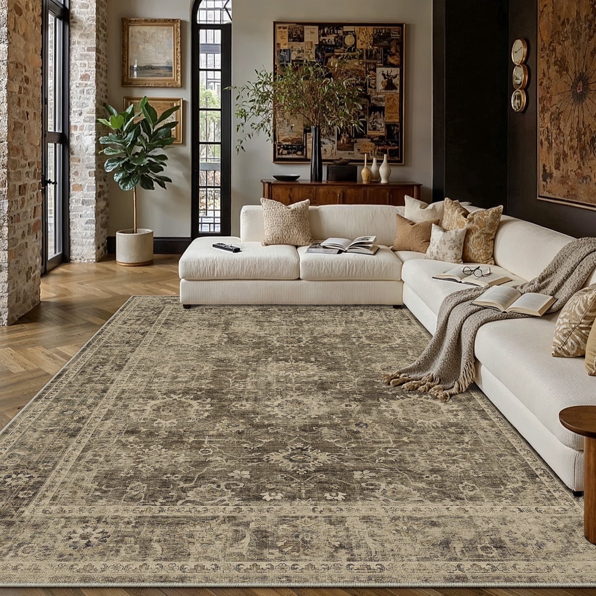 BERTHMEER 8'x10' Area Rugs for Living Room Vintage Brown Carpets for Bedroom Office Machine Washable Large Farmhouse Dining Room Oriental Rugs Non Slip Traditional Distressed Rugs