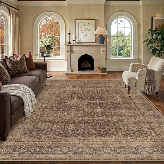 BERTHMEER 8'x10' Area Rugs for Living Room Vintage Brown Rugs for Bedroom Home Office Machine Washable Large Farmhouse Dining Room Oriental Rugs Non Slip Traditional Distressed Carpets
