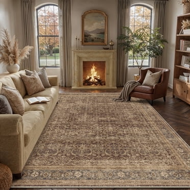 BERTHMEER 8'x10' Area Rugs for Living Room Vintage Brown Rugs for Bedroom Home Office Machine Washable Large Farmhouse Dining Room Oriental Rugs Non Slip Traditional Distressed Carpets