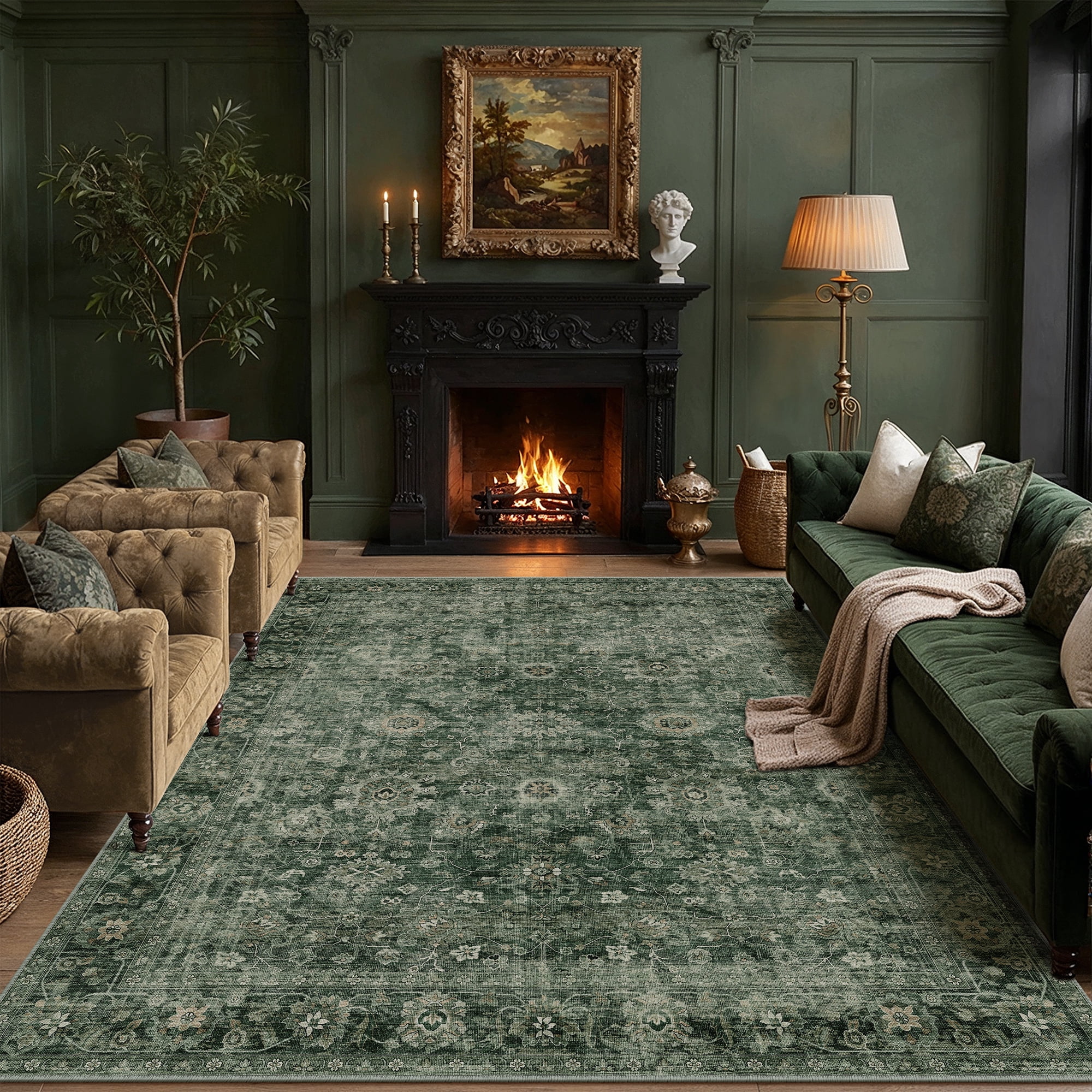 BERTHMEER 8'x10' Area Rugs for Living Room Vintage Green Carpets for Bedroom Office Machine Washable Large Farmhouse Dining Room Oriental Rugs Non Slip Traditional Distressed Rugs