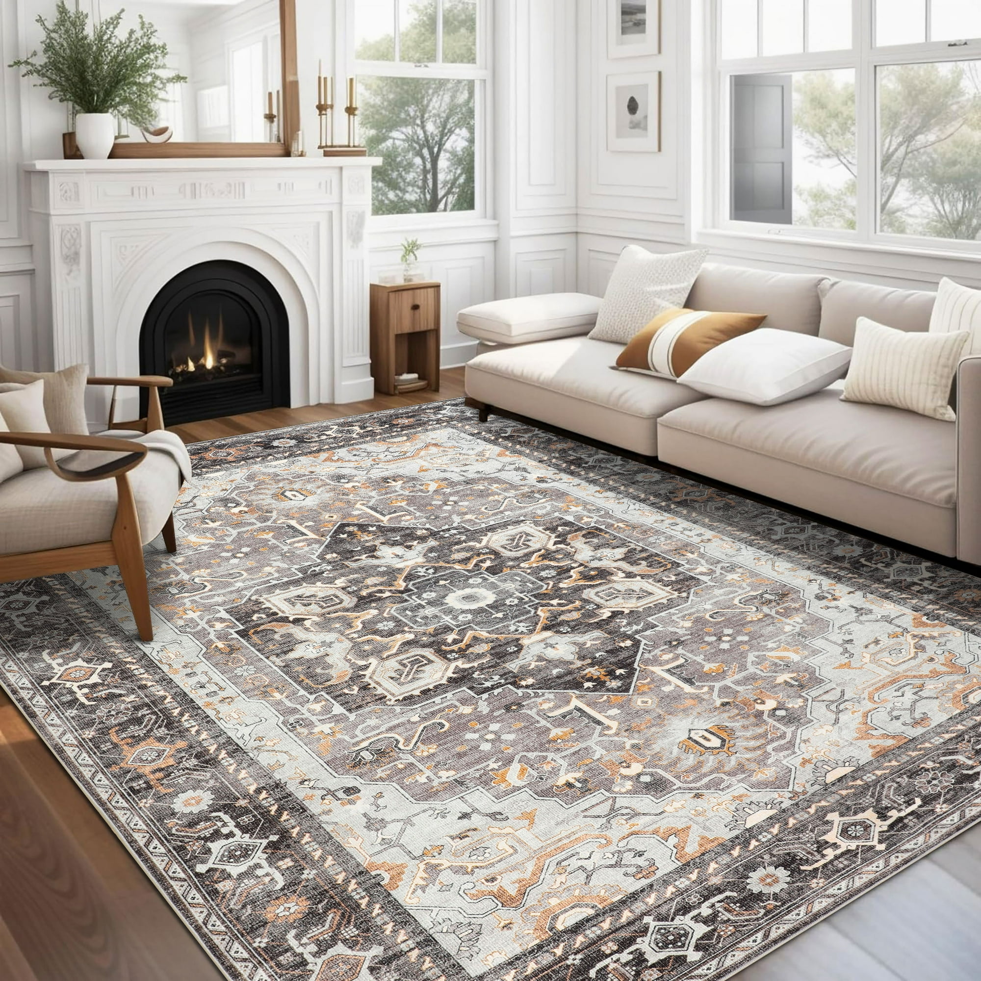 BERTHMEER 8'x10'Area Rugs Washable Vintage Rugs for Living Room Bedroom Dining Room Office Traditional Throw Rugs, Non-slip, Gray
