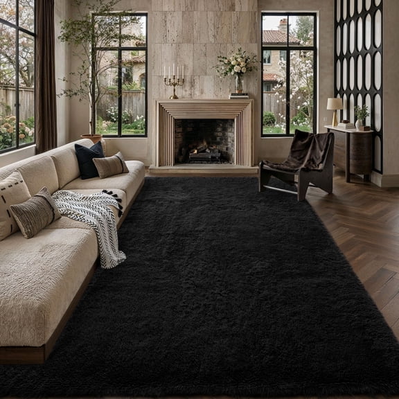 BERTHMEER 8'x10' Shag Area Rugs for Living Room Bedroom Dinning Room Soft Plush Pile Fluffy Fuzzy Indoor Modern Carpets Washable Rugs, Black