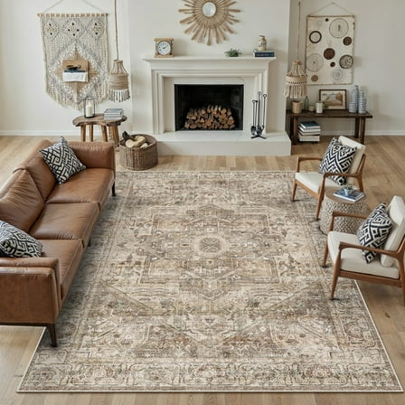 BERTHMEER 8'x10' Large Area Rugs for Living Room Bedroom Vintage Distressed Rugs Washable Non-slip, Gold Brown