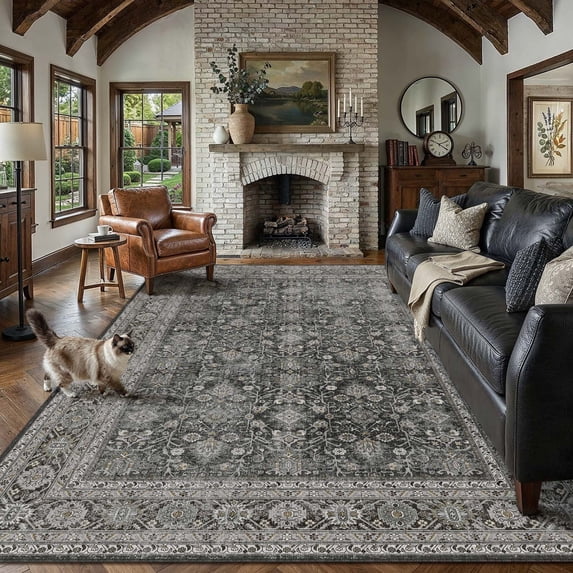 BERTHMEER 8'x10' Area Rugs for Living Room Bedroom Farmhouse Vintage Distressed Rugs Washable Non-slip, Black