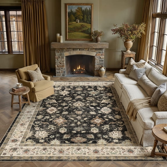 BERTHMEER 8'x10' Area Rugs for Living Room Dining Room Bedroom Farmhouse Vintage Oriental Traditional Machine Washable Non-slip Rugs Carpets,Black