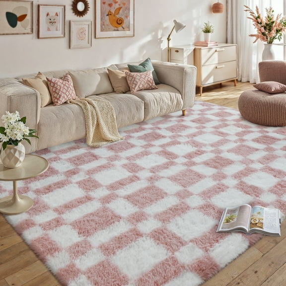 BERTHMEER 8'x10' Checkered Rug for Living Room, Modern Pink and White Checkerboard Shag Rug Non-Slip Area Rug Soft Indoor Fluffy Rugs for Bedroom Carpet Home Dorm Aesthetic Decor