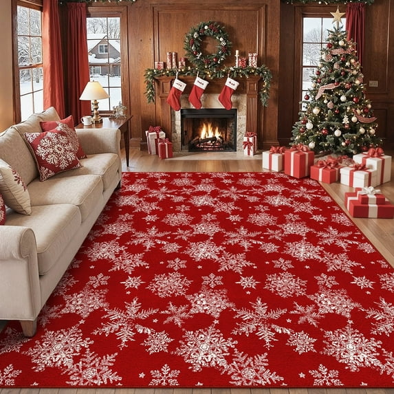 BERTHMEER 8'x10' Christmas Area Rugs for Living Room Bedroom Kitchen Rugs Non Slip Office Dining Room Farmhouse Modern Washable Red White Snowflake Rugs Carpets