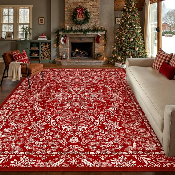 BERTHMEER 8'x10' Christmas Area Rugs for Living Room Bedroom Kitchen Rugs Non Slip Washable Office Dining Room Farmhouse Modern Red White Rugs Carpets
