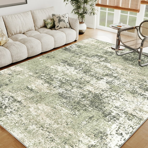 BERTHMEER 8'x10' Large Abstract Area Rugs for Living Room Bedroom Dining Room Office Farmhouse Modern Contemporary Distressed Machine Washable Non-slip, Green