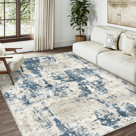 BERTHMEER 8'x10' Large Area Rugs for Living Room Bedroom Dining Room Office Farmhouse Navy Blue Abstract Soft Indoor Machine Washable Non-Slip Distressed Modern Contemporary Throw Geometric Rugs