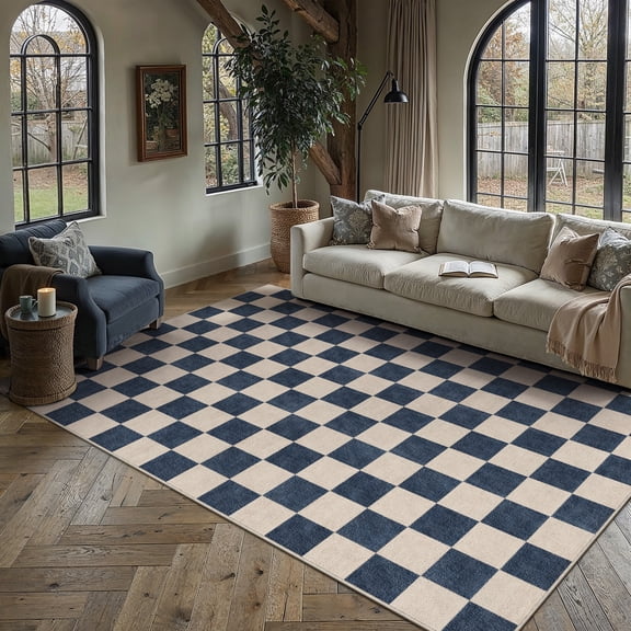 BERTHMEER 8'x10' Large Area Rugs for Living Room Bedroom Dining Room Office Geometric Modern Checkered Farmhouse Machine Washable Non-slip Traditional Distressed Carpets, Blue Beige