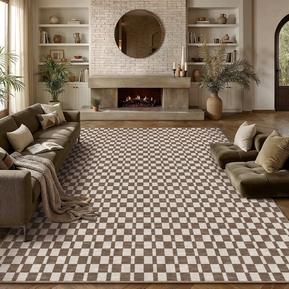BERTHMEER 8'x10' Large Area Rugs for Living Room Modern Checkered Plaid Rugs Soft Faux Wool Bedroom Office Dining Room Farmhouse Geometric Contemporary Washable Non Slip Rugs Carpets, Coffee