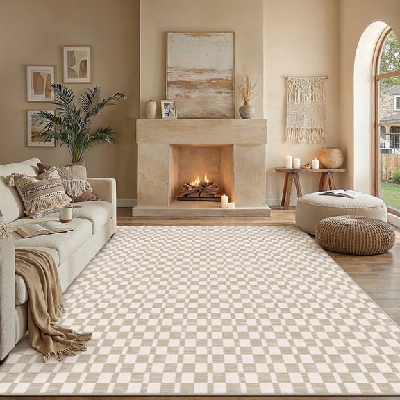 BERTHMEER 8'x10' Large Area Rugs for Living Room Modern Checkered Plaid Rugs Soft Faux Wool Bedroom Office Dining Room Farmhouse Geometric Contemporary Washable Non Slip Rugs Carpets, Yellow