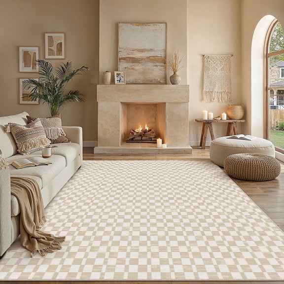 BERTHMEER 8'x10'Large Area Rugs for Living Room Modern Checkered Plaid Rugs Soft Faux Wool Bedroom Office Dining Room Farmhouse Geometric Contemporary Washable Non Slip Rugs Carpets, Beige