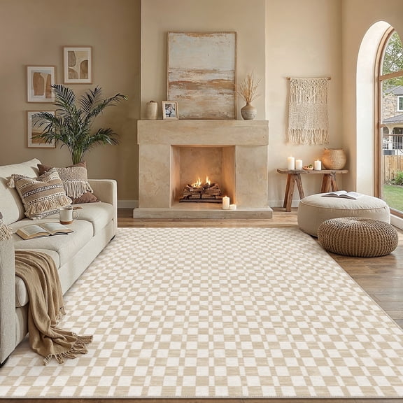 BERTHMEER 8'x10'Large Area Rugs for Living Room Modern Checkered Plaid Rugs Soft Faux Wool Bedroom Office Dining Room Farmhouse Geometric Contemporary Washable Non Slip Rugs Carpets, Beige