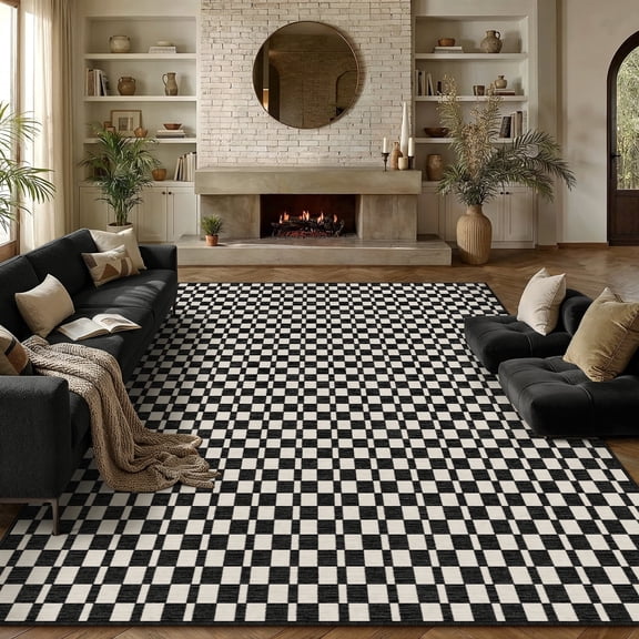 BERTHMEER 8'x10' Large Area Rugs for Living Room Modern Checkered Plaid Rugs Soft Faux Wool Bedroom Office Dining Room Farmhouse Geometric Contemporary Washable Non Slip Rugs Carpets, Black